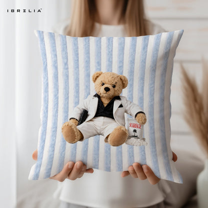 Scarface Teddy Cushion – Luxury Gangster Bear Pillow 15x15 Inch | Jute Textured Premium Cushion | IBRELIA™ IBRELIA