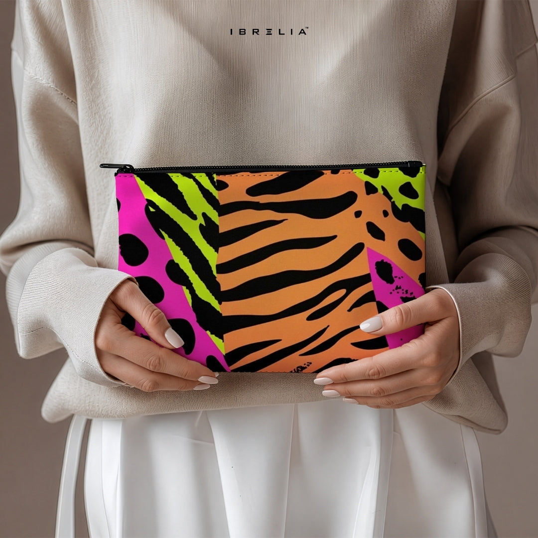 Pop Art Safari Makeup & Pencil Pouch – Neon Animal Print Aesthetic Organizer – IBRELIA™