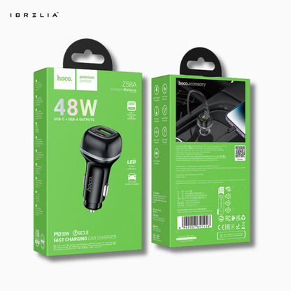 HOCO Z58A Rank 48W Dual Port Car Charger – PD30W + QC3.0 Fast Charging | IBRELIA™