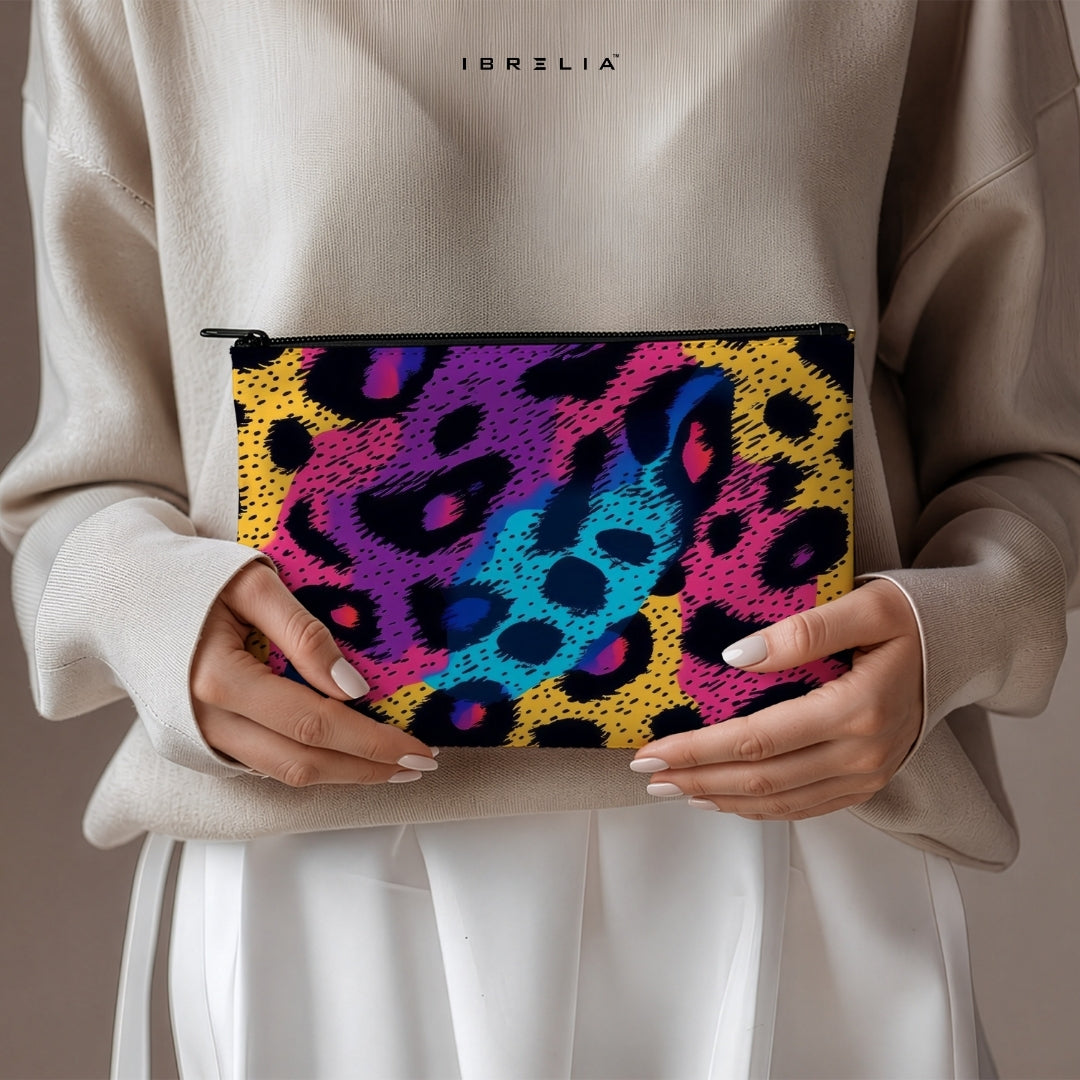Neon Pop Leopard Makeup & Pencil Pouch – Colorful Animal Print Organizer – IBRELIA™
