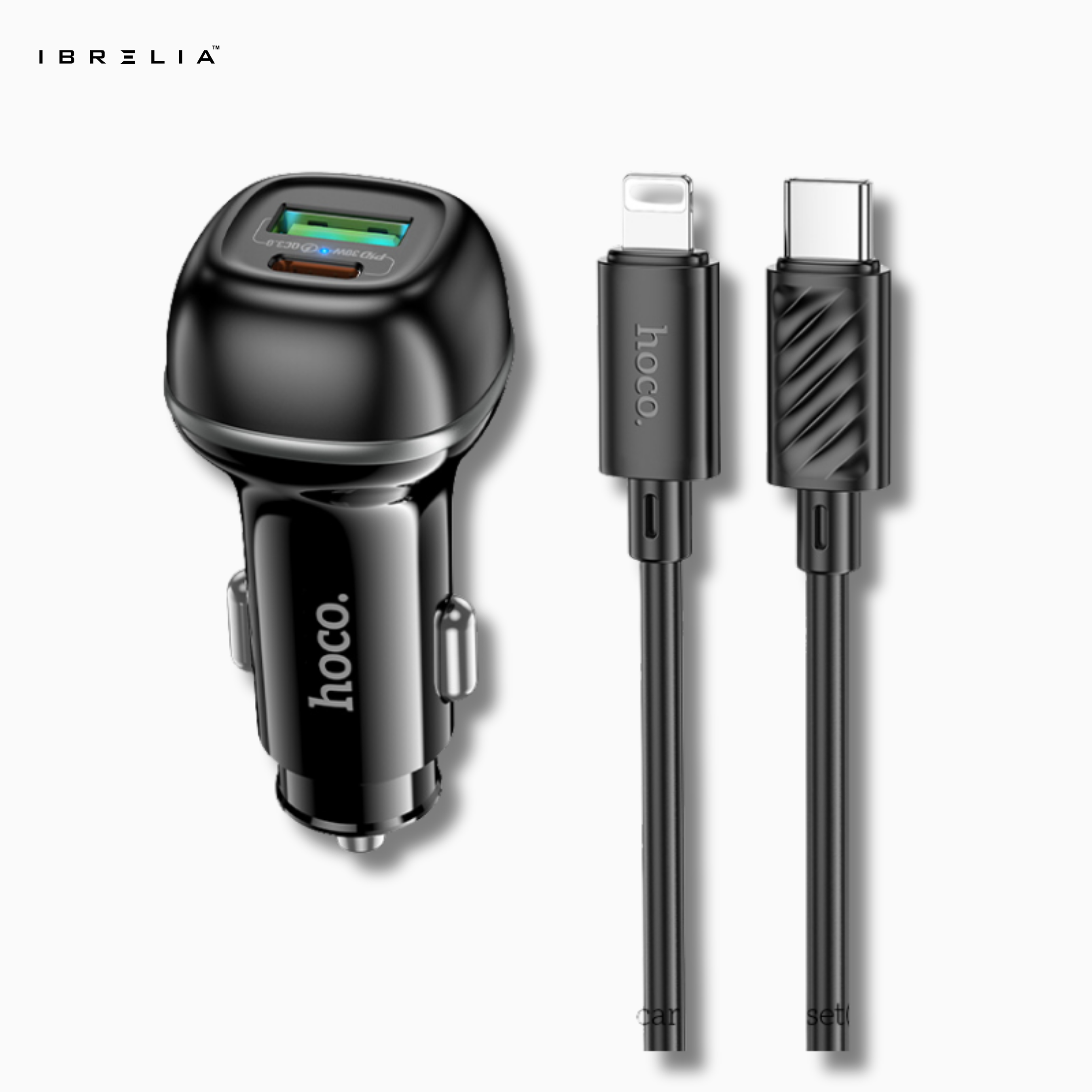HOCO Z58A Rank 48W Dual Port Car Charger Set – PD30W + QC3.0 with 1m C to iPhone Cable | IBRELIA™