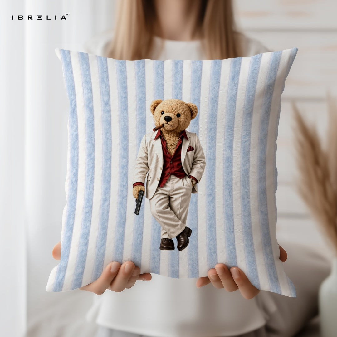 Tony Style Teddy Cushion – Mafia Boss Bear Pillow 15x15 Inch | Jute Textured Premium Cushion | IBRELIA™ IBRELIA