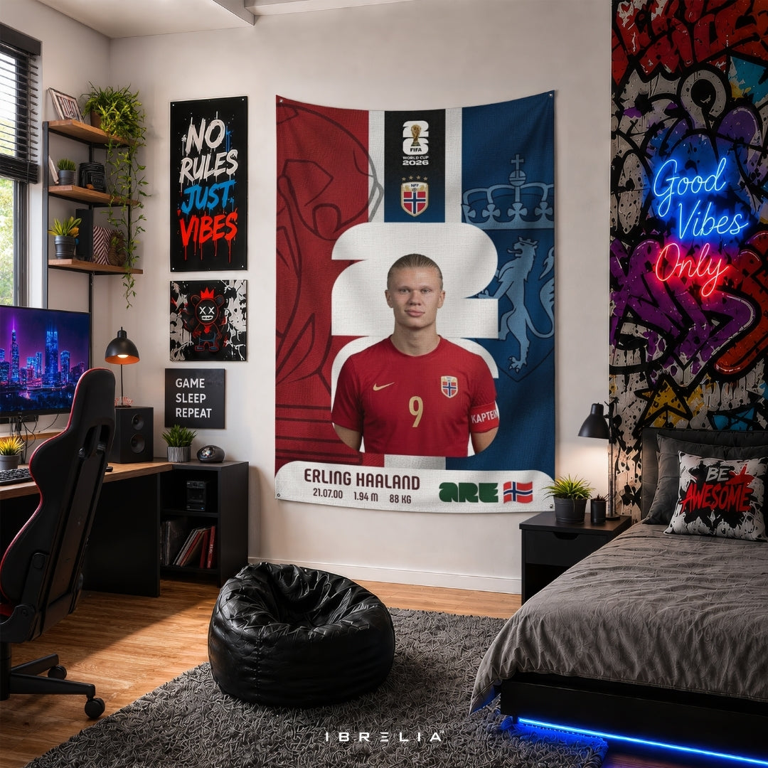 Erling Haaland Norway World Cup 2026 Player Card Premium Jute Fabric Tapestry | Football Wall Hanging | IBRELIA™