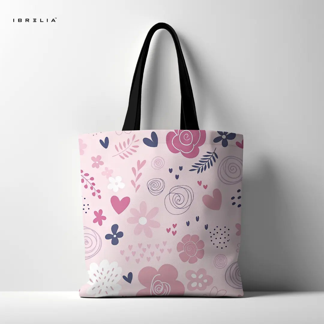 Pink Rose & Hearts Tote Bag – Dreamy Floral Jute Tote with Velvet Handles | IBRELIA™ IBRELIA