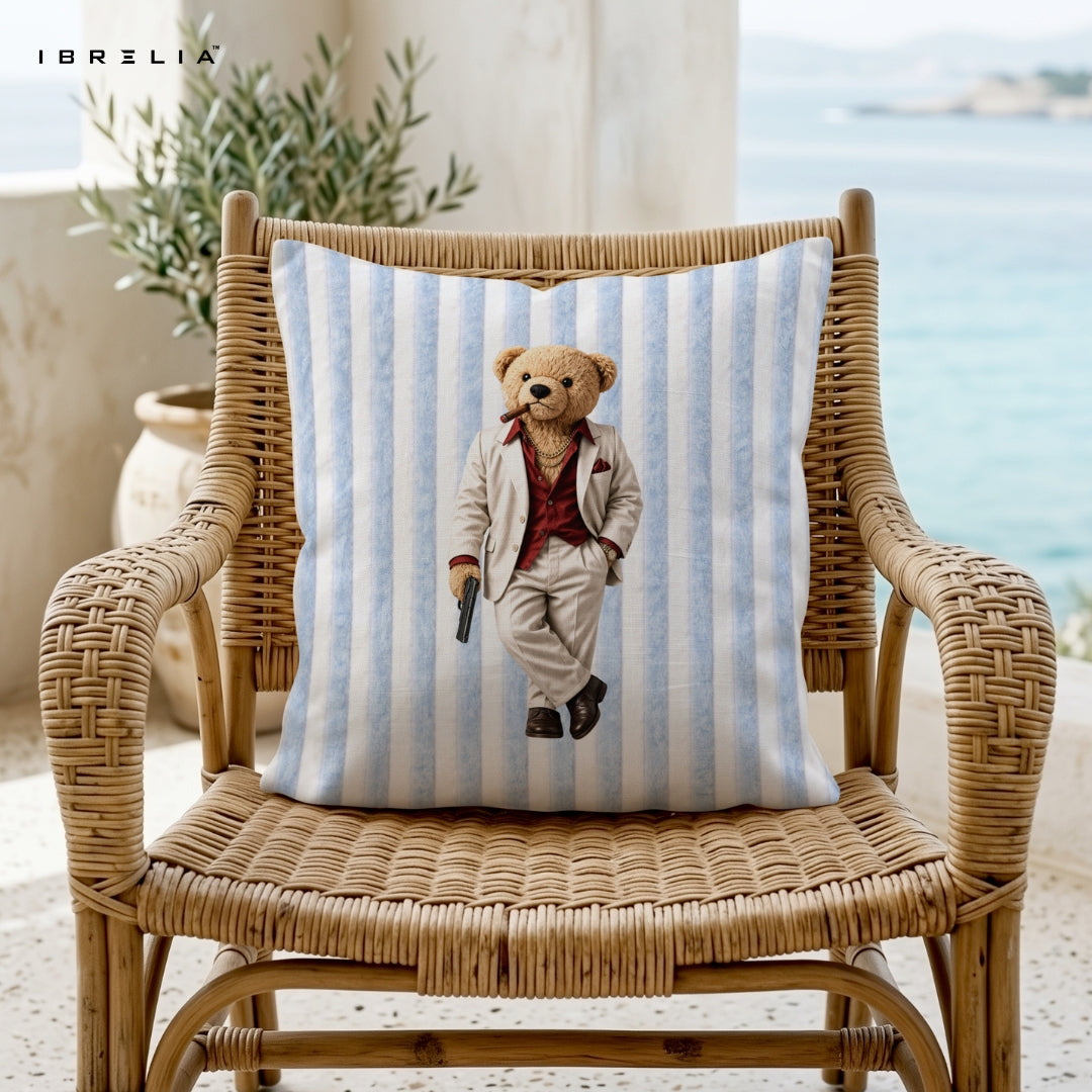 Tony Style Teddy Cushion – Mafia Boss Bear Pillow 15x15 Inch | Jute Textured Premium Cushion | IBRELIA™ IBRELIA