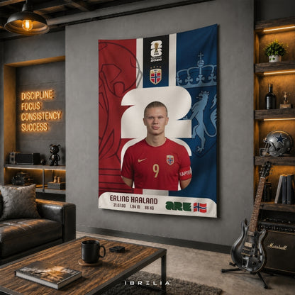 Erling Haaland Norway World Cup 2026 Player Card Premium Jute Fabric Tapestry | Football Wall Hanging | IBRELIA™