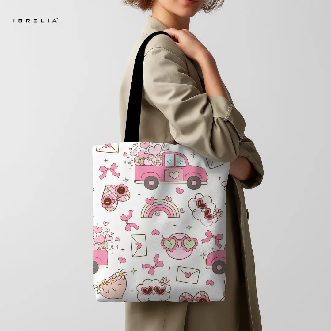 Love Truck Tote Bag – Cute Valentine Doodle Jute Tote with Velvet Handles | IBRELIA™ IBRELIA