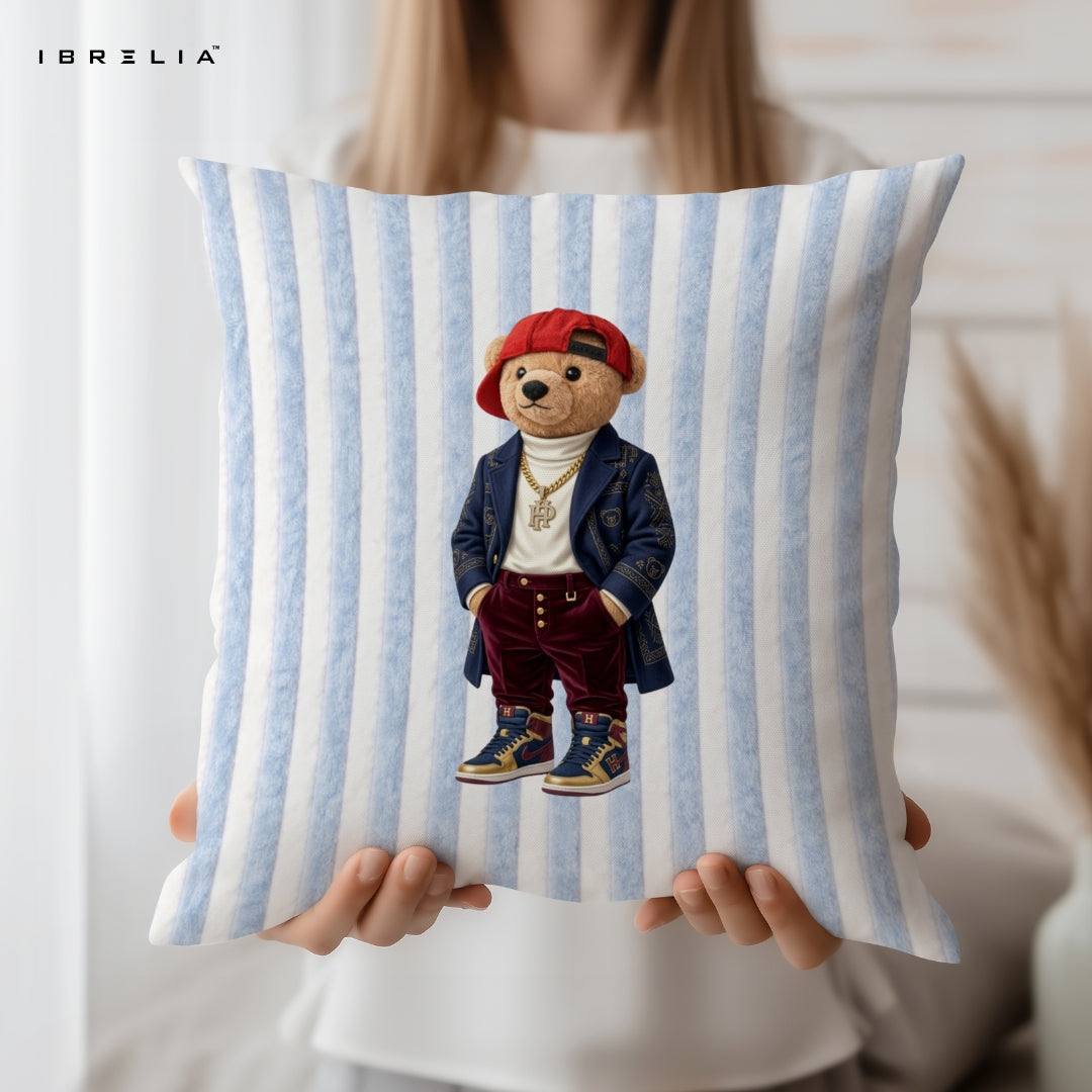 Streetwear Teddy Cushion – Hype Style Bear Pillow 15x15 Inch | Jute Textured Premium Cushion | IBRELIA™ IBRELIA