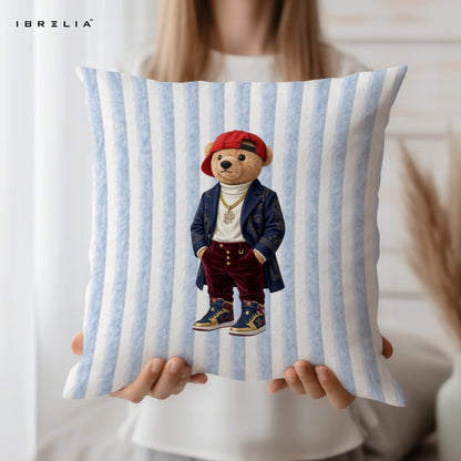 Streetwear Teddy Cushion – Hype Style Bear Pillow 15x15 Inch | Jute Textured Premium Cushion | IBRELIA™ IBRELIA