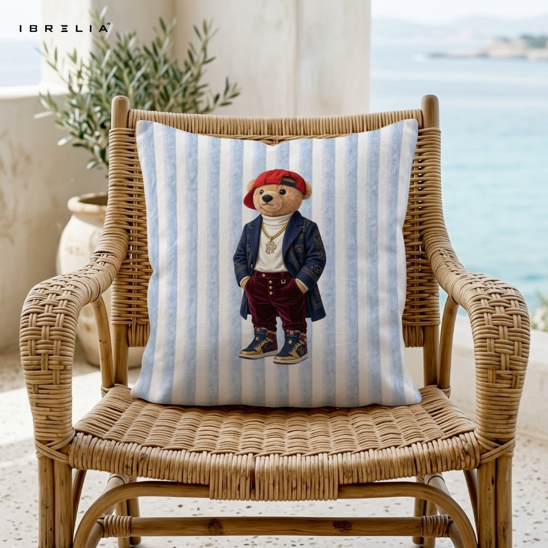 Streetwear Teddy Cushion – Hype Style Bear Pillow 15x15 Inch | Jute Textured Premium Cushion | IBRELIA™ IBRELIA
