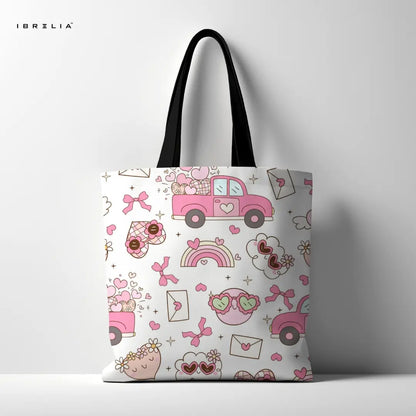 Love Truck Tote Bag – Cute Valentine Doodle Jute Tote with Velvet Handles | IBRELIA™ IBRELIA