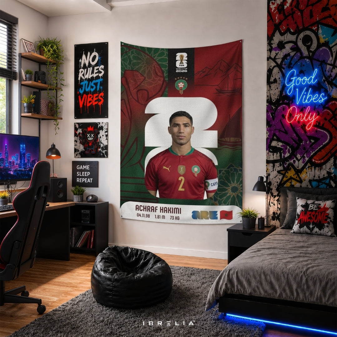 Achraf Hakimi Morocco World Cup 2026 Player Card Premium Jute Fabric Tapestry | Football Wall Hanging | IBRELIA™