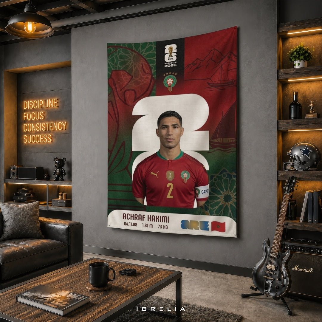 Achraf Hakimi Morocco World Cup 2026 Player Card Premium Jute Fabric Tapestry | Football Wall Hanging | IBRELIA™