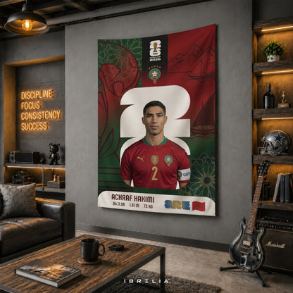 Achraf Hakimi Morocco World Cup 2026 Player Card Premium Jute Fabric Tapestry | Football Wall Hanging | IBRELIA™
