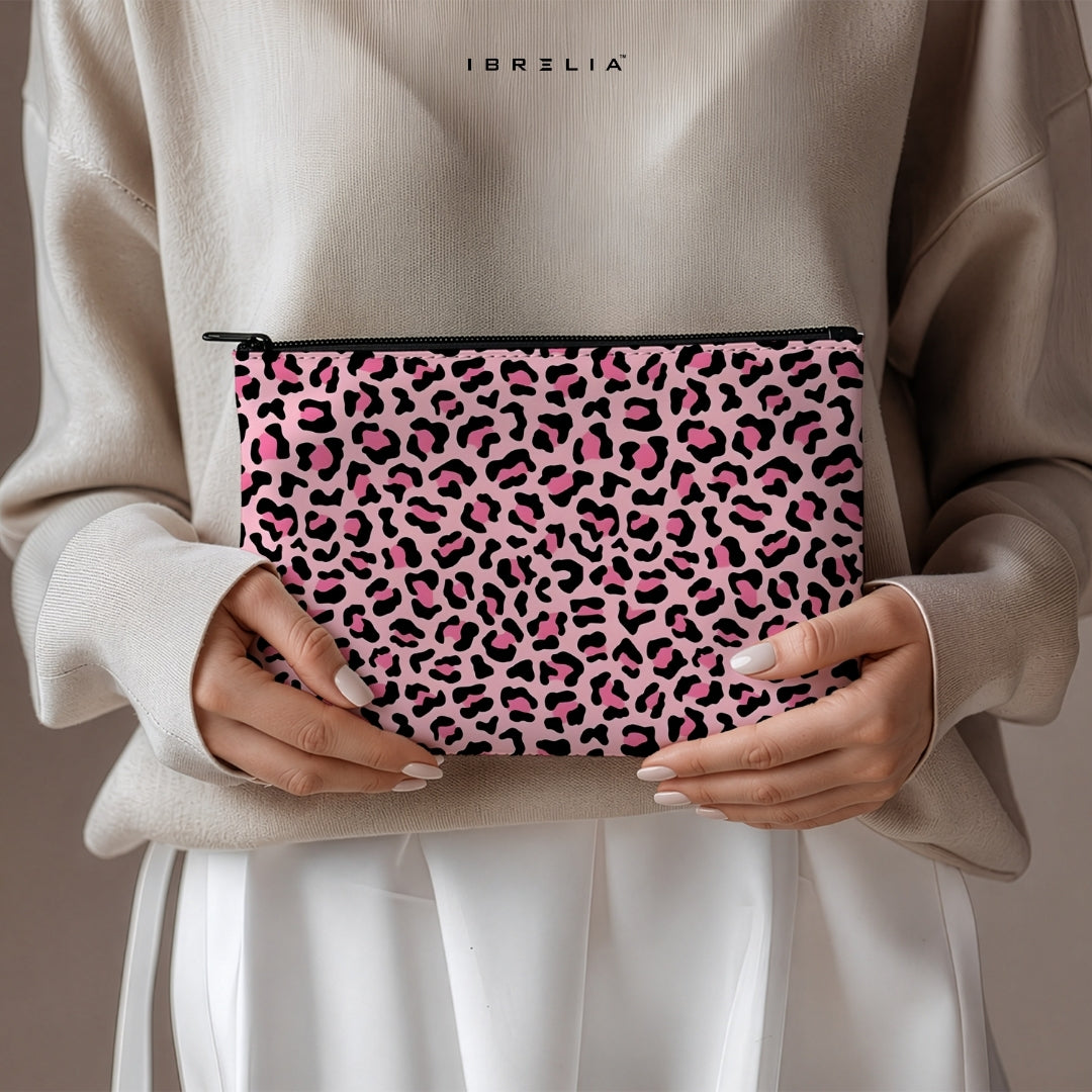 Pink Leopard Print Makeup & Pencil Pouch – Feminine Animal Pattern Organizer – IBRELIA™