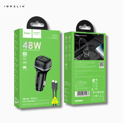 HOCO Z58A Rank 48W Dual Port Car Charger Set – PD30W + QC3.0 with 1m C to iPhone Cable | IBRELIA™