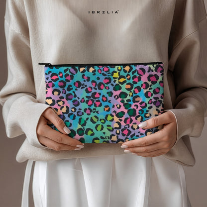 Pastel Rainbow Leopard Makeup & Pencil Pouch – Colorful Aesthetic Animal Print Organizer – IBRELIA™