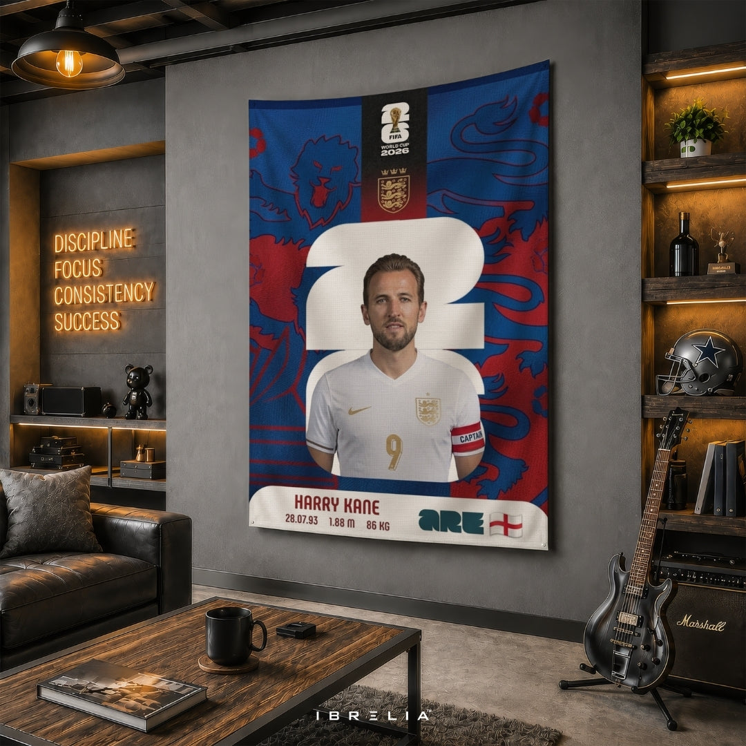 Harry Kane England World Cup 2026 Player Card Premium Jute Fabric Tapestry | Football Wall Hanging | IBRELIA™