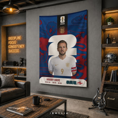 Harry Kane England World Cup 2026 Player Card Premium Jute Fabric Tapestry | Football Wall Hanging | IBRELIA™