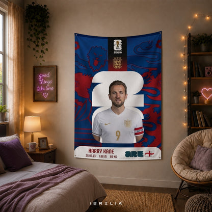 Harry Kane England World Cup 2026 Player Card Premium Jute Fabric Tapestry | Football Wall Hanging | IBRELIA™
