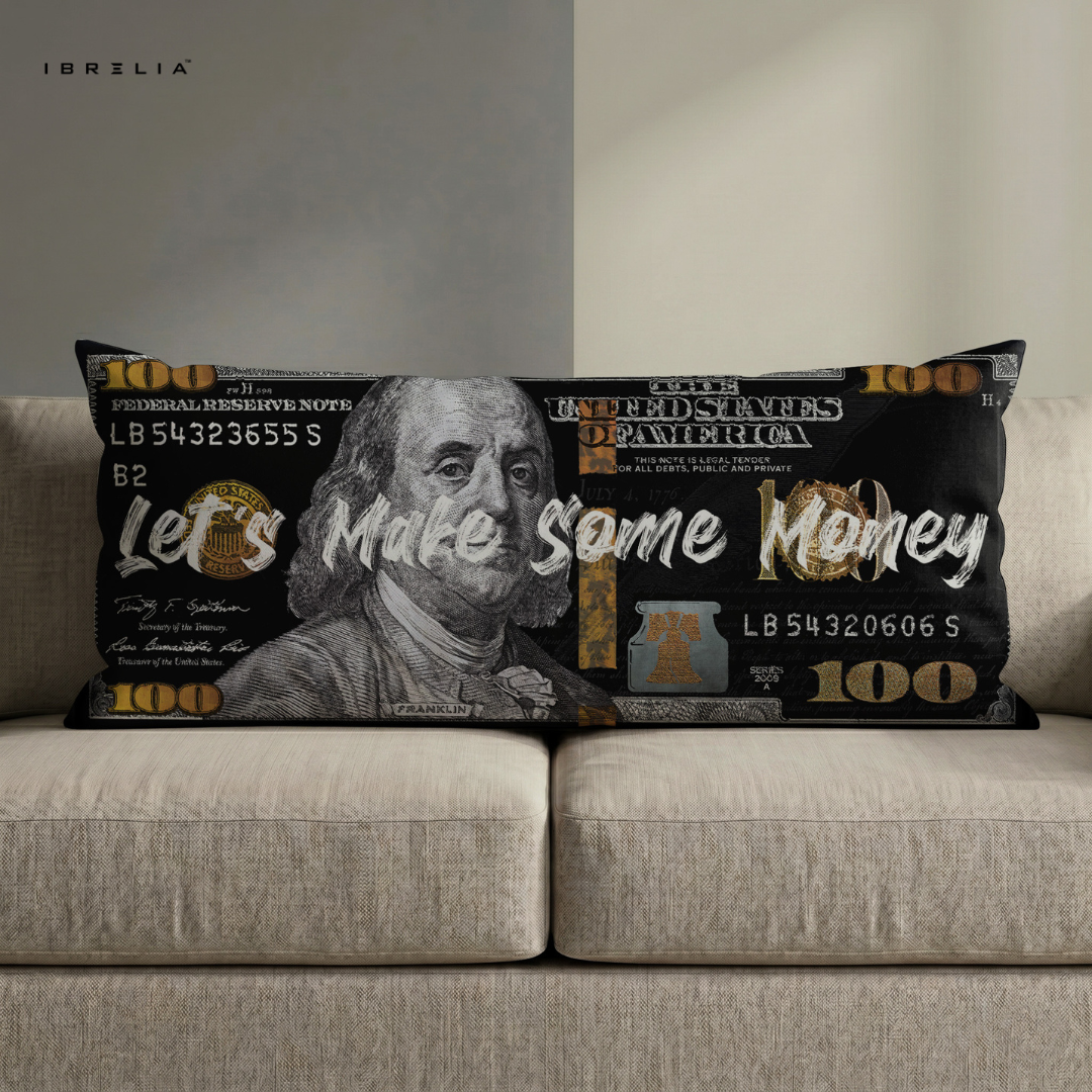 IBRELIA™ Let’s Make Some Money Ultra Wide Cushion – Premium Jute Luxury Sofa Pillow (46 x 19 Inches) IBRELIA