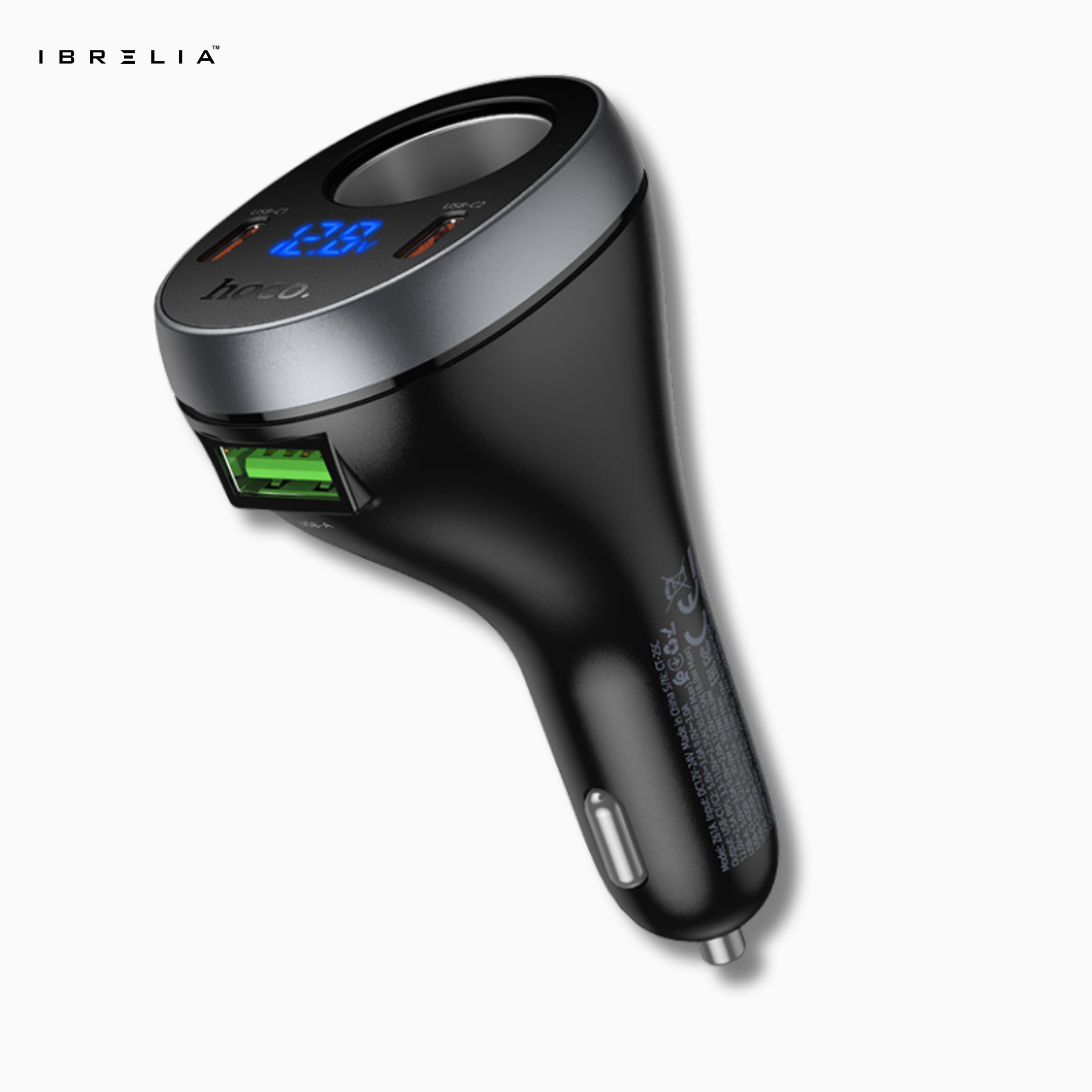 HOCO Z61A Correct PD60W (2C1A) Cigarette Lighter Car Charger – 60W Max Output + Voltage Display | IBRELIA™