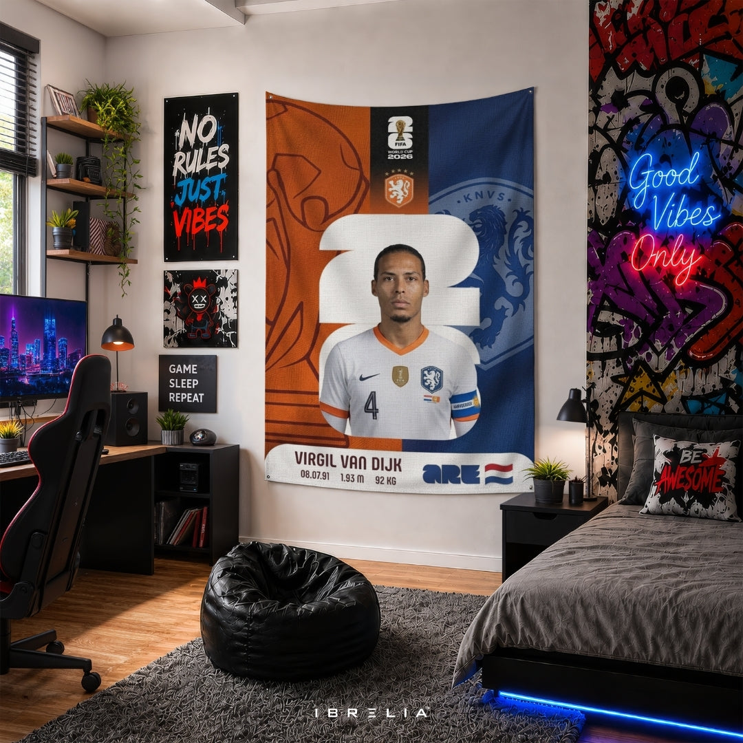 Virgil van Dijk Netherlands World Cup 2026 Player Card Premium Jute Fabric Tapestry | Football Wall Hanging | IBRELIA™