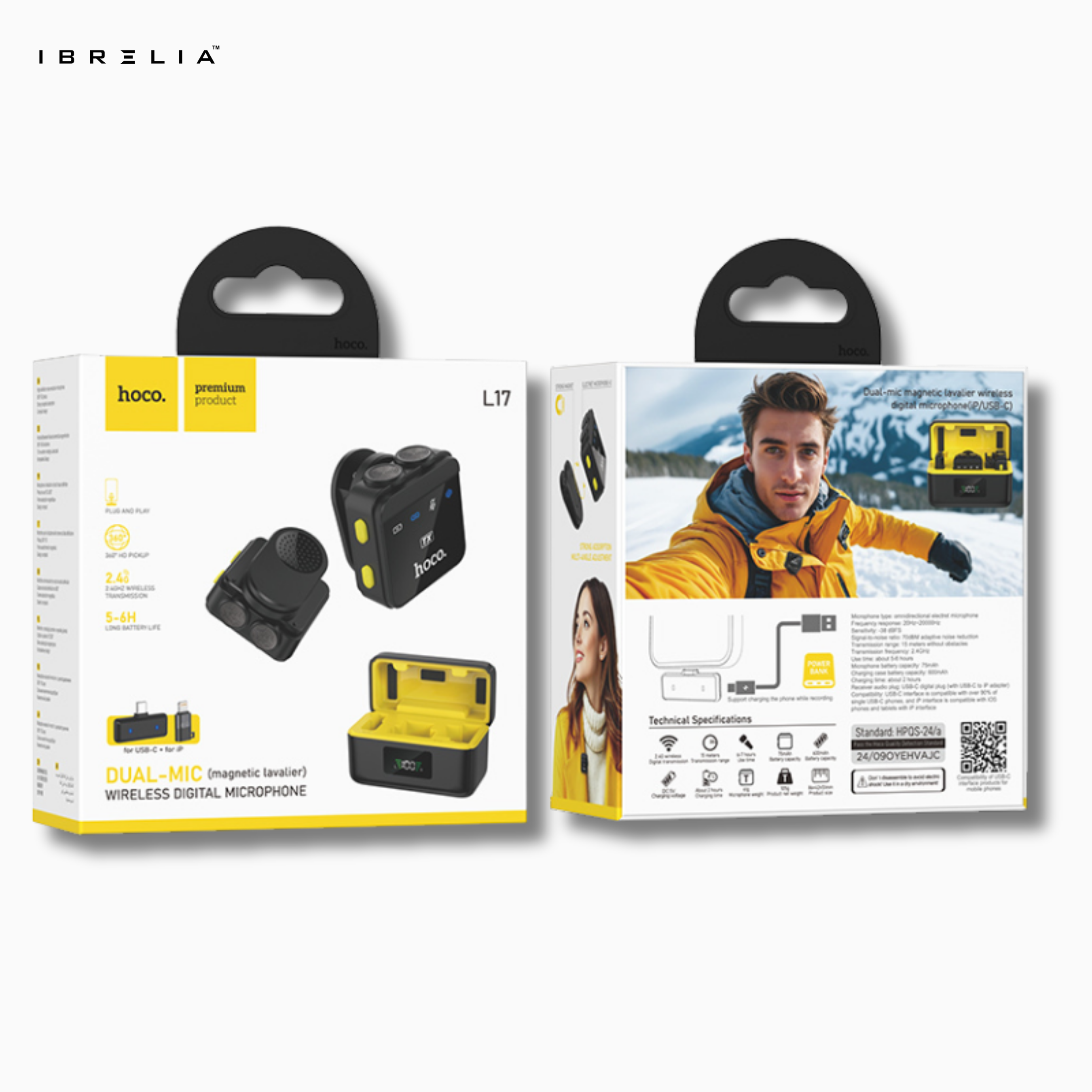 HOCO L17 Dual-Mic Magnetic Wireless Digital Microphone (Type-C + Lightning Adapter) | IBRELIA™