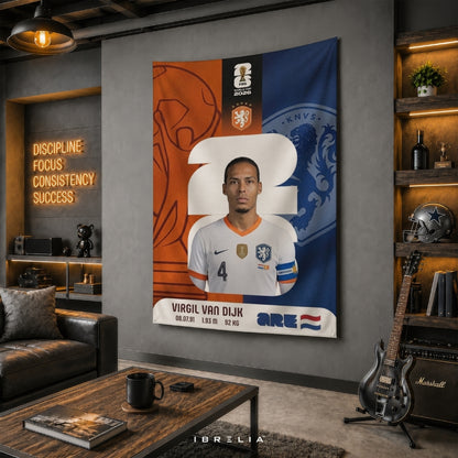 Virgil van Dijk Netherlands World Cup 2026 Player Card Premium Jute Fabric Tapestry | Football Wall Hanging | IBRELIA™