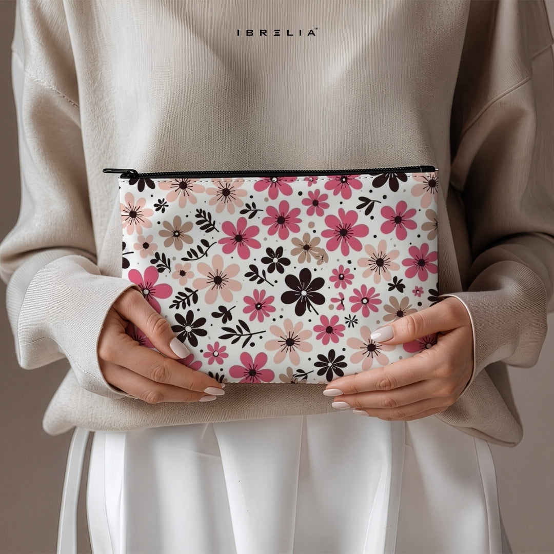 Blush Floral Meadow Makeup & Pencil Pouch – Soft Pink Flower Aesthetic Organizer – IBRELIA™