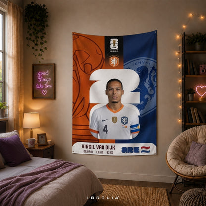 Virgil van Dijk Netherlands World Cup 2026 Player Card Premium Jute Fabric Tapestry | Football Wall Hanging | IBRELIA™