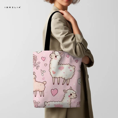 Cute Llama Tote Bag – Kawaii Pink Animal Jute Tote with Velvet Handles | IBRELIA™ IBRELIA