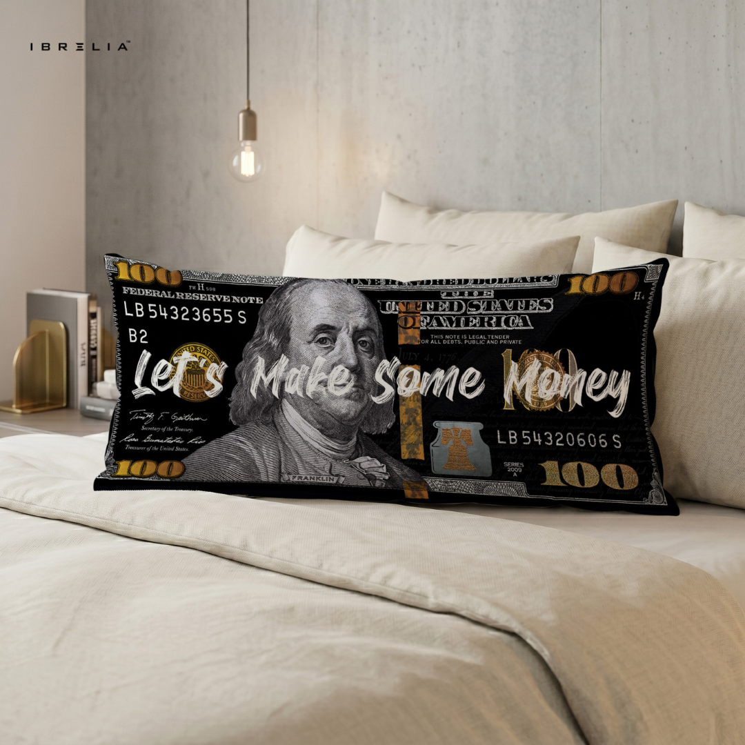 IBRELIA™ Let’s Make Some Money Ultra Wide Cushion – Premium Jute Luxury Sofa Pillow (46 x 19 Inches) IBRELIA