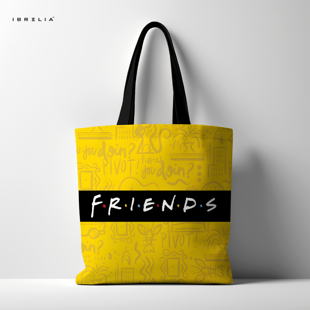 IBRELIA™ Yellow Doodle Lifestyle Premium Jute Tote Bag with Velvet Handles, Satin Lining & Inner Zip Pocket IBRELIA