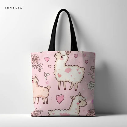 Cute Llama Tote Bag – Kawaii Pink Animal Jute Tote with Velvet Handles | IBRELIA™ IBRELIA