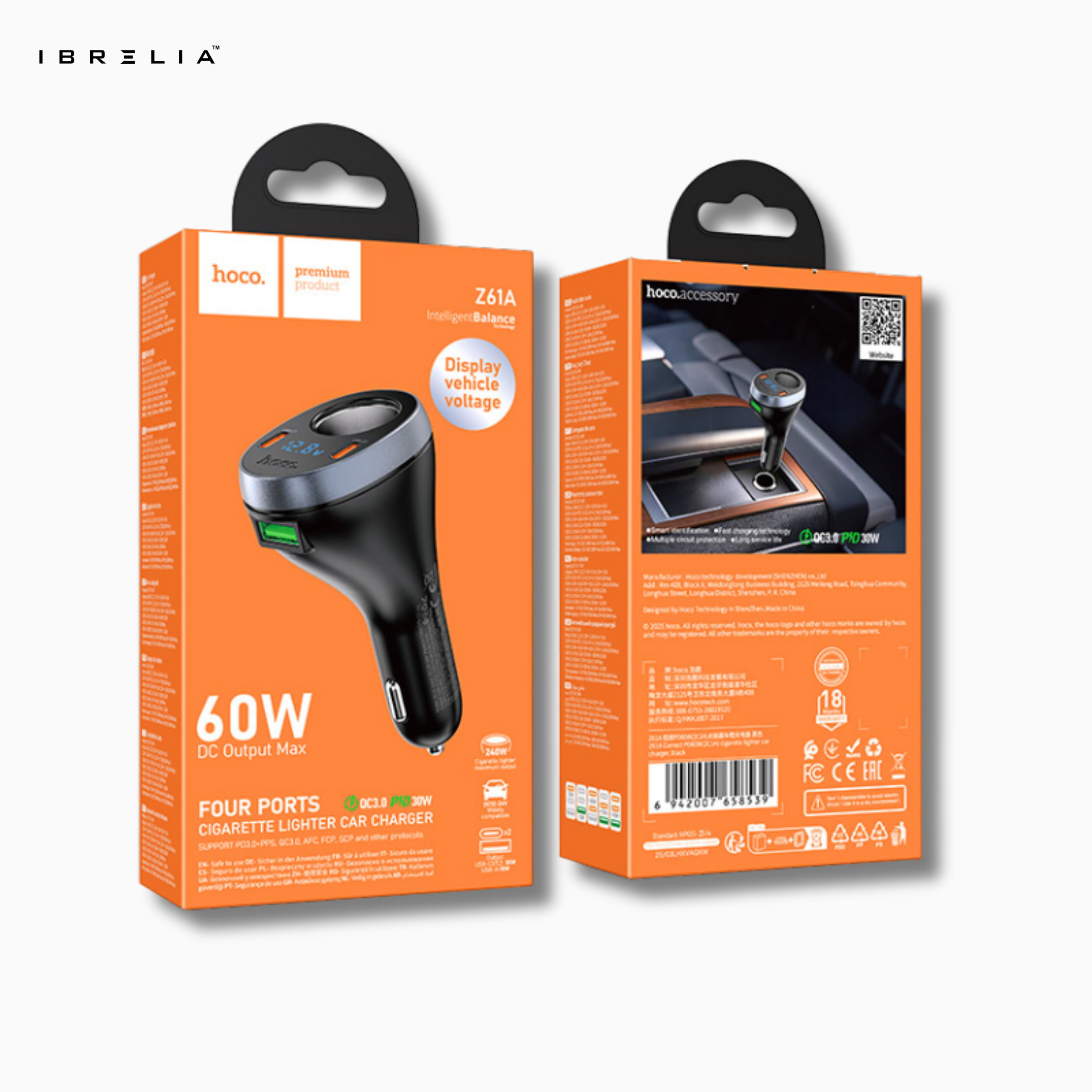 HOCO Z61A Correct PD60W (2C1A) Cigarette Lighter Car Charger – 60W Max Output + Voltage Display | IBRELIA™