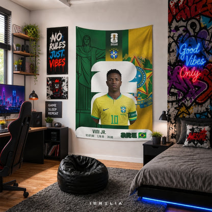 Vinícius Júnior Brazil World Cup 2026 Player Card Premium Jute Fabric Tapestry | Football Wall Hanging | IBRELIA™