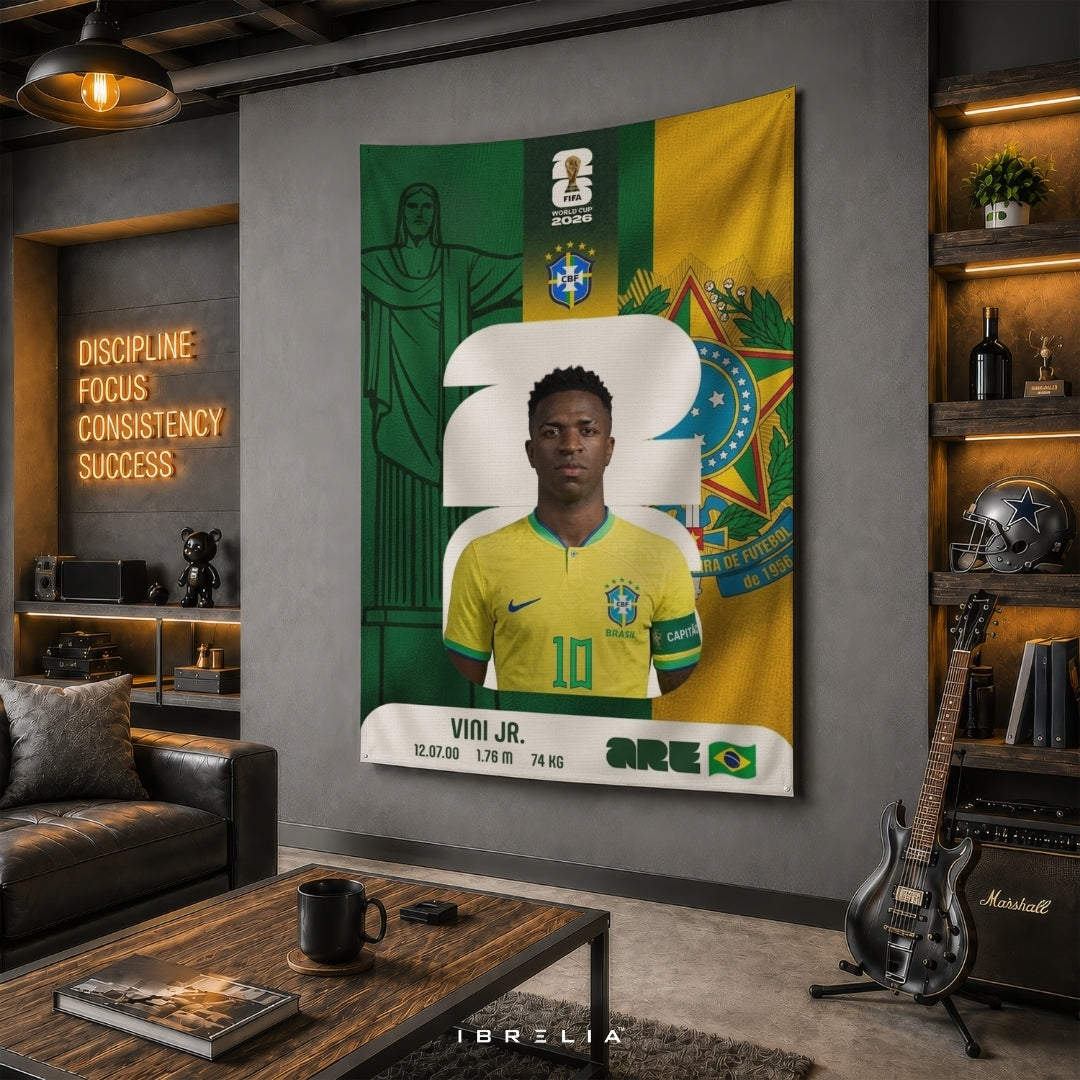 Vinícius Júnior Brazil World Cup 2026 Player Card Premium Jute Fabric Tapestry | Football Wall Hanging | IBRELIA™