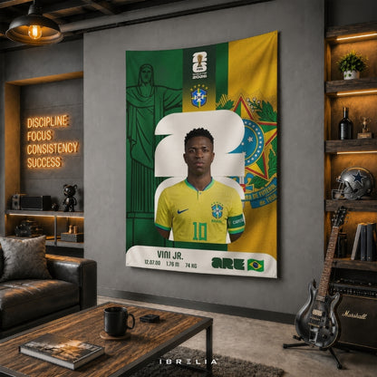 Vinícius Júnior Brazil World Cup 2026 Player Card Premium Jute Fabric Tapestry | Football Wall Hanging | IBRELIA™
