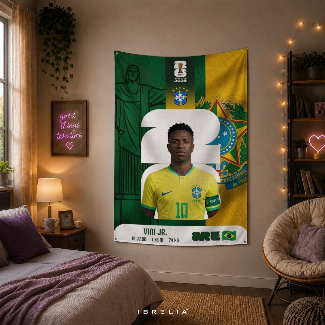 Vinícius Júnior Brazil World Cup 2026 Player Card Premium Jute Fabric Tapestry | Football Wall Hanging | IBRELIA™