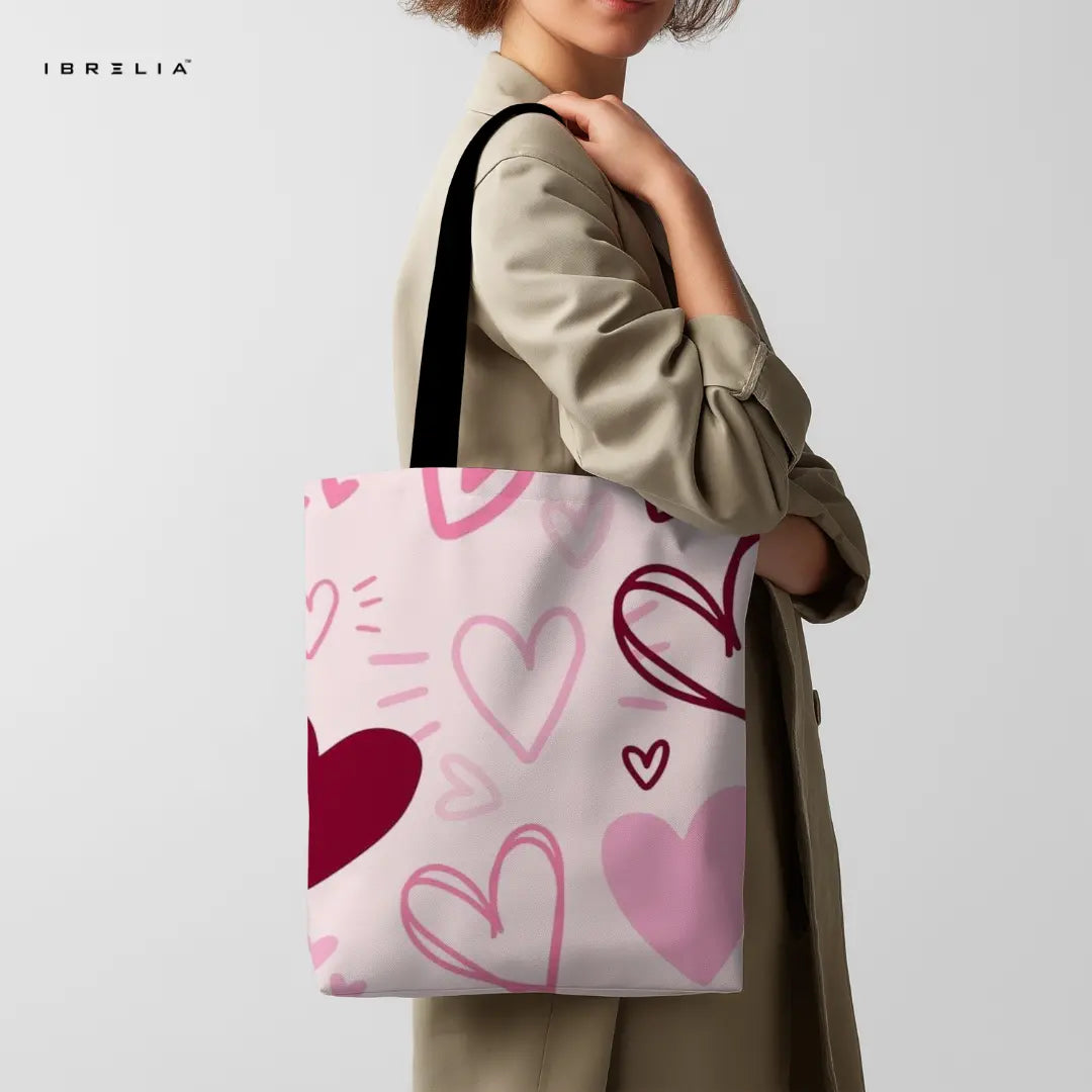 Heart Doodle Tote Bag – Pink & Burgundy Romantic Jute Tote with Velvet Handles | IBRELIA™ IBRELIA