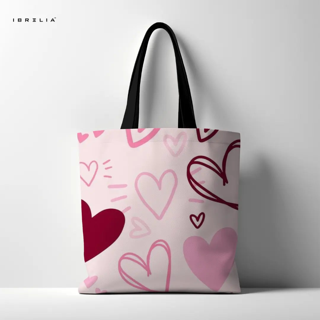 Heart Doodle Tote Bag – Pink & Burgundy Romantic Jute Tote with Velvet Handles | IBRELIA™ IBRELIA