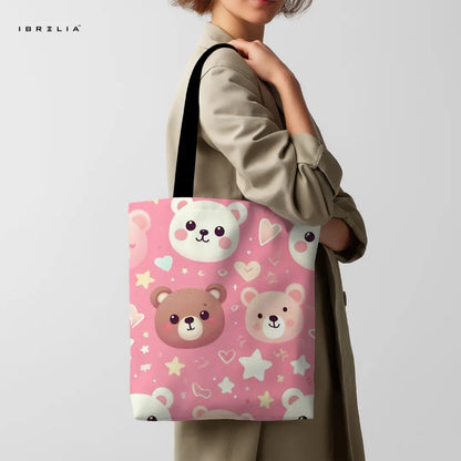 Cute Bear Tote Bag – Kawaii Pink Teddy Jute Tote with Velvet Handles | IBRELIA™ IBRELIA