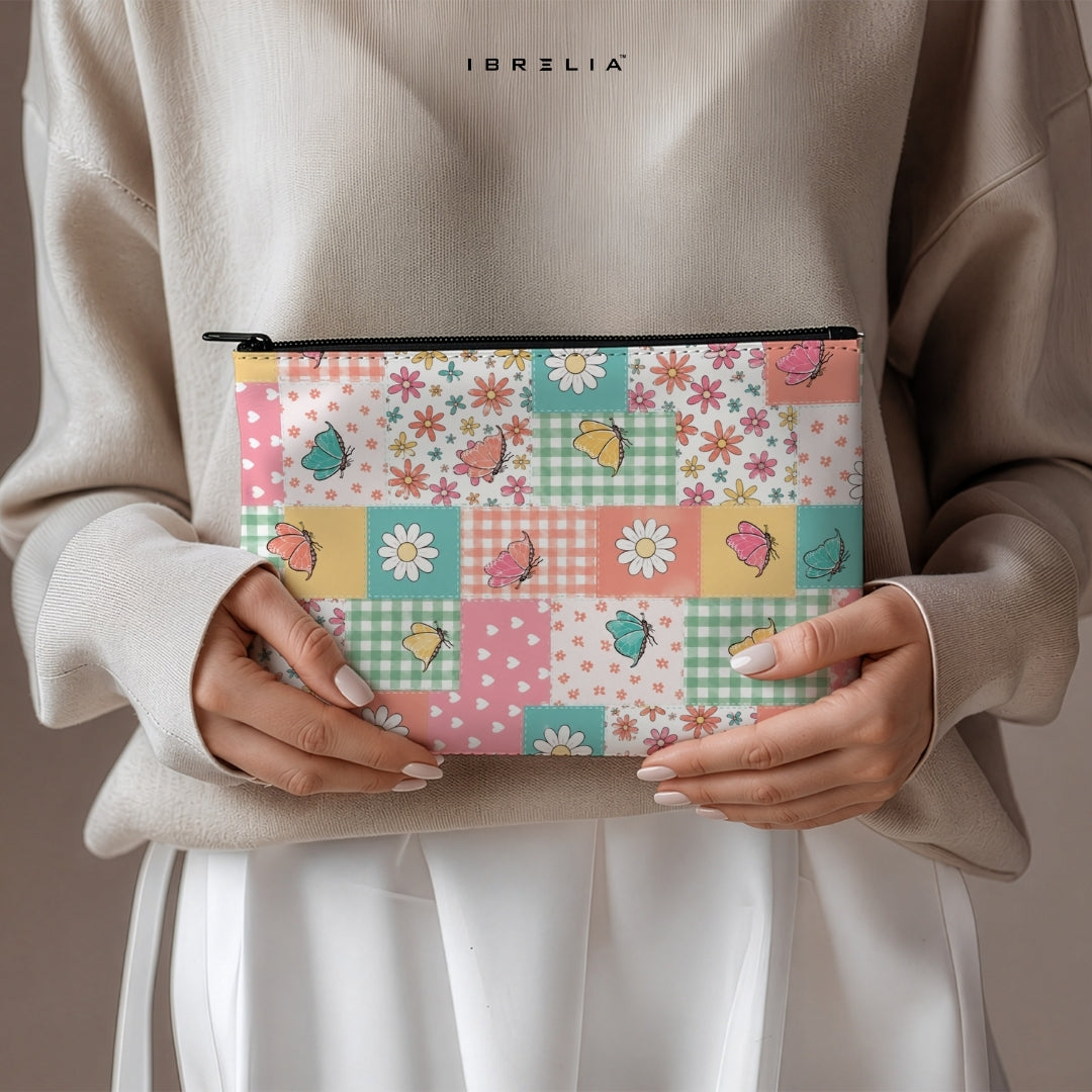 Butterfly Patchwork Makeup & Pencil Pouch – Pastel Cottagecore Aesthetic Organizer – IBRELIA™