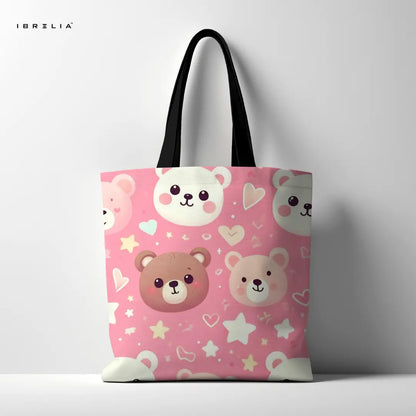 Cute Bear Tote Bag – Kawaii Pink Teddy Jute Tote with Velvet Handles | IBRELIA™ IBRELIA