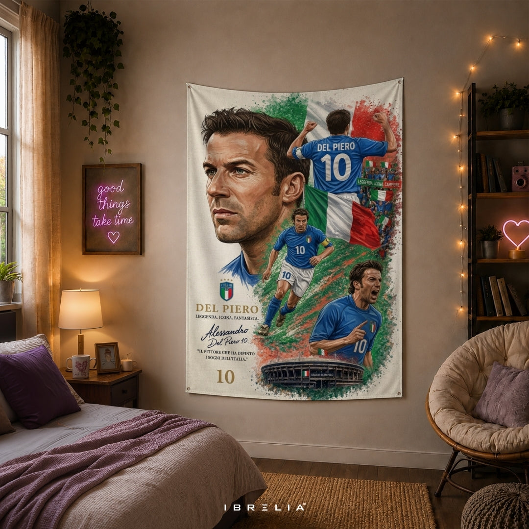 Alessandro Del Piero Italy Football Legend Premium Jute Fabric Tapestry | Football Wall Hanging | IBRELIA™