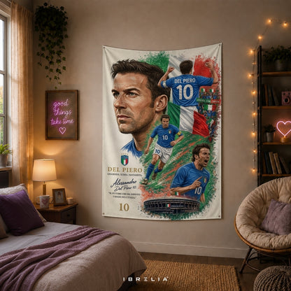 Alessandro Del Piero Italy Football Legend Premium Jute Fabric Tapestry | Football Wall Hanging | IBRELIA™
