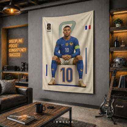 Kylian Mbappé – FIFA World Cup 2026 – Premium Jute Fabric Tapestry – IBRELIA™