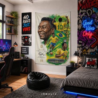 Pelé Brazil Football Legend Premium Jute Fabric Tapestry | Football Wall Hanging | IBRELIA™