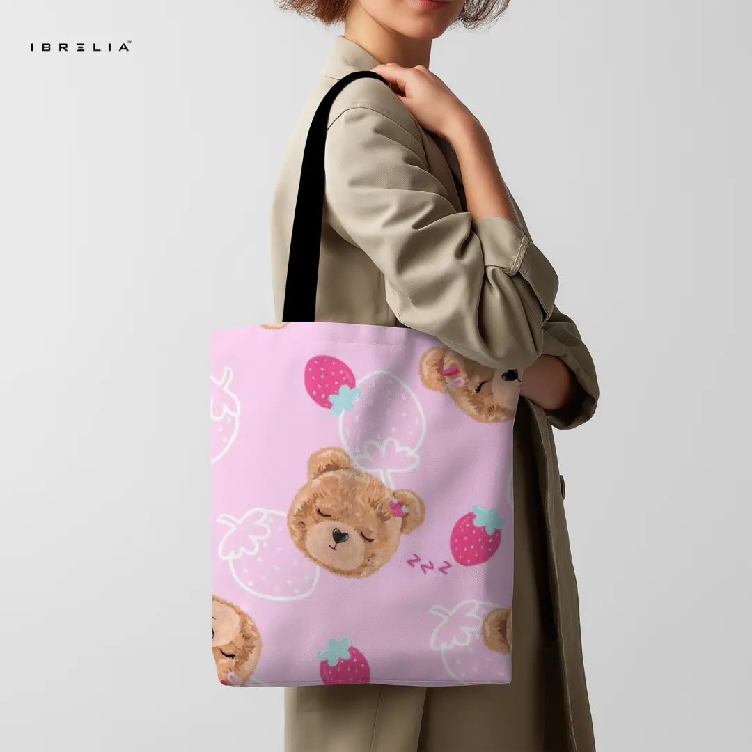 Sleepy Bear & Strawberry Tote Bag – Cute Pink Jute Tote with Velvet Handles | IBRELIA™ IBRELIA